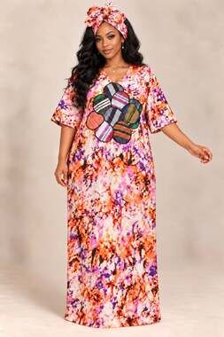 100% Cotton Boho African Batik Plus Size Kaftan Maxi Dress  Boubou 1X-2X